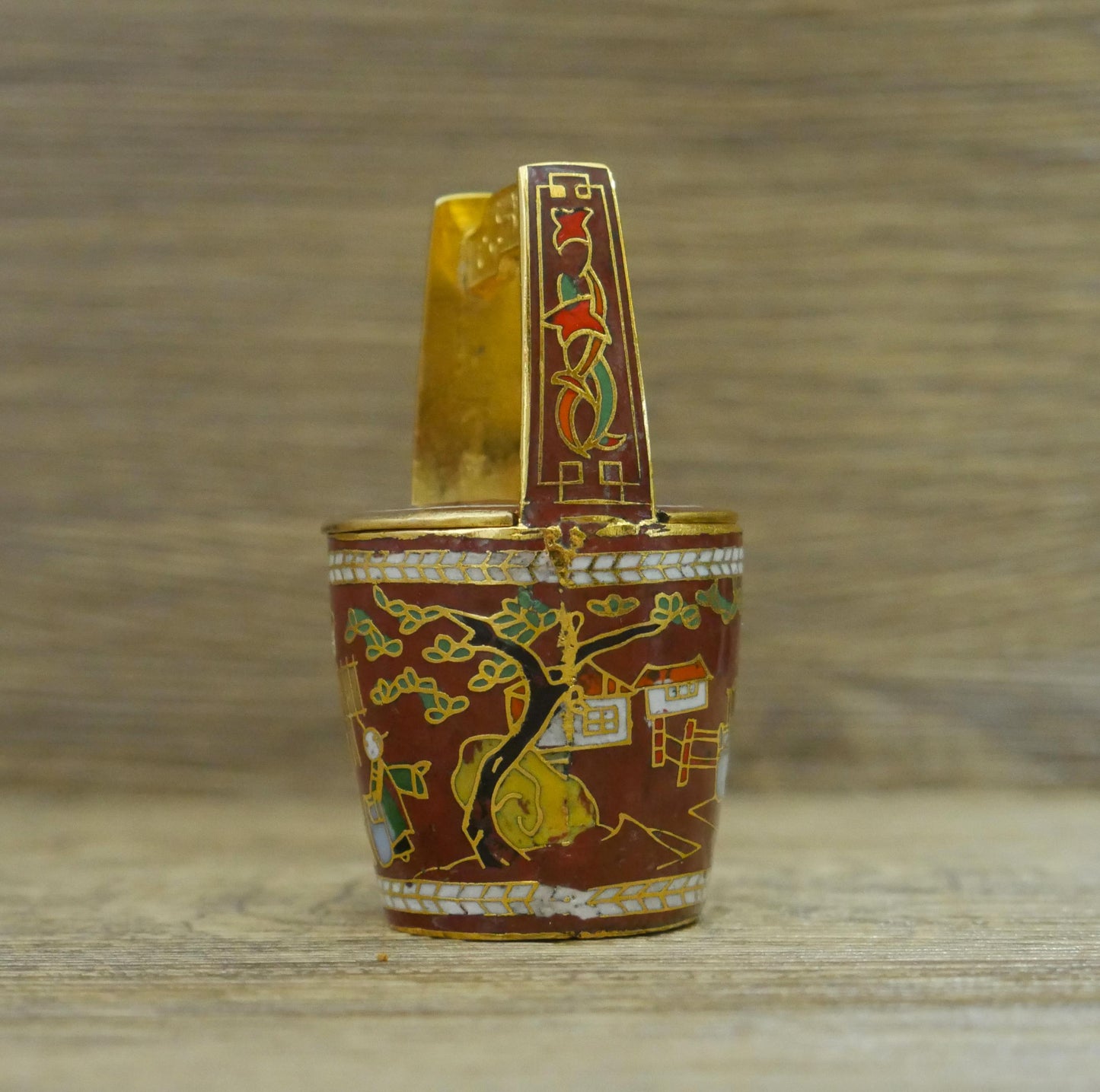 Vintage Miniature Chinese Cloisonne Water Bucket Collectible With Lid - 2.5" Tall