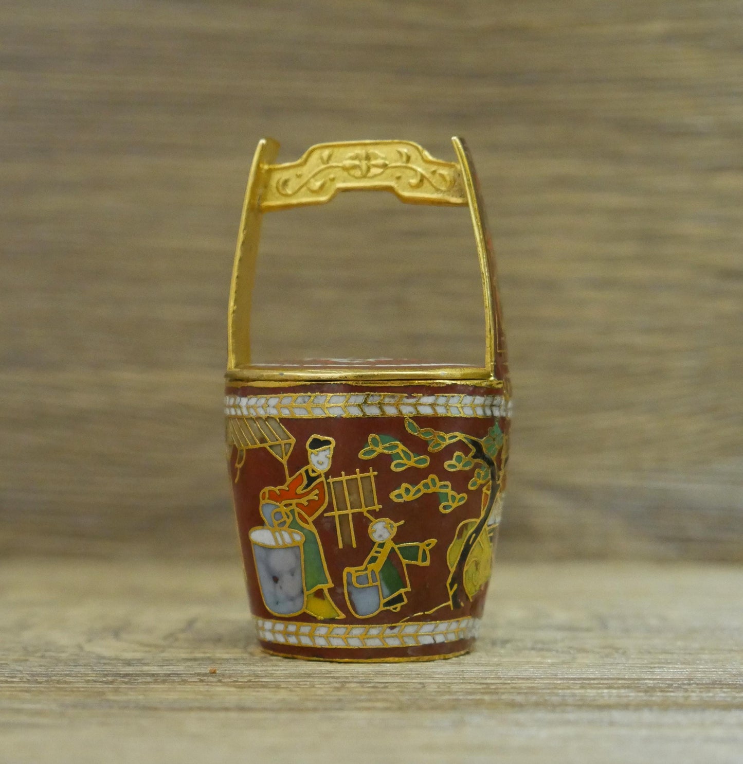 Vintage Miniature Chinese Cloisonne Water Bucket Collectible With Lid - 2.5" Tall