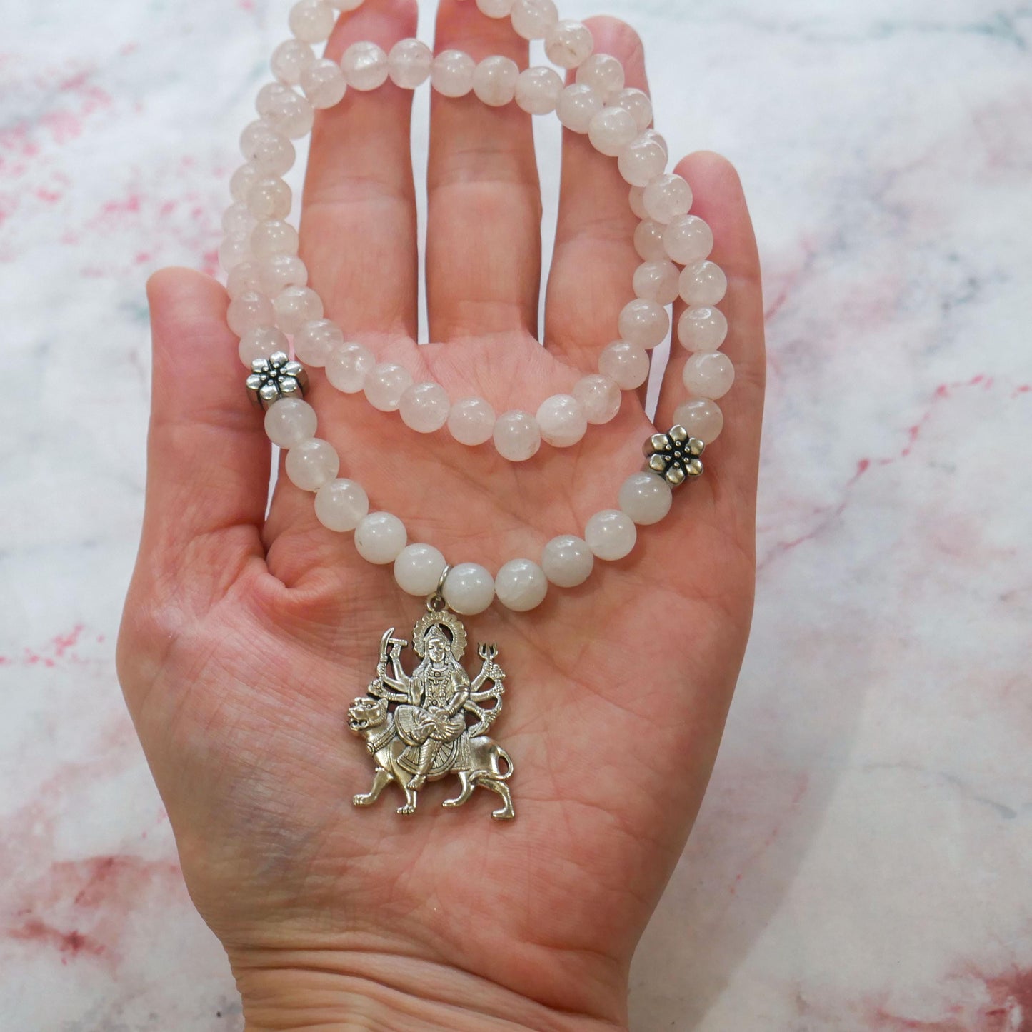 Handmade Goddess Durga Maa Stretch Necklace With Rose Quartz Moonstone Beads