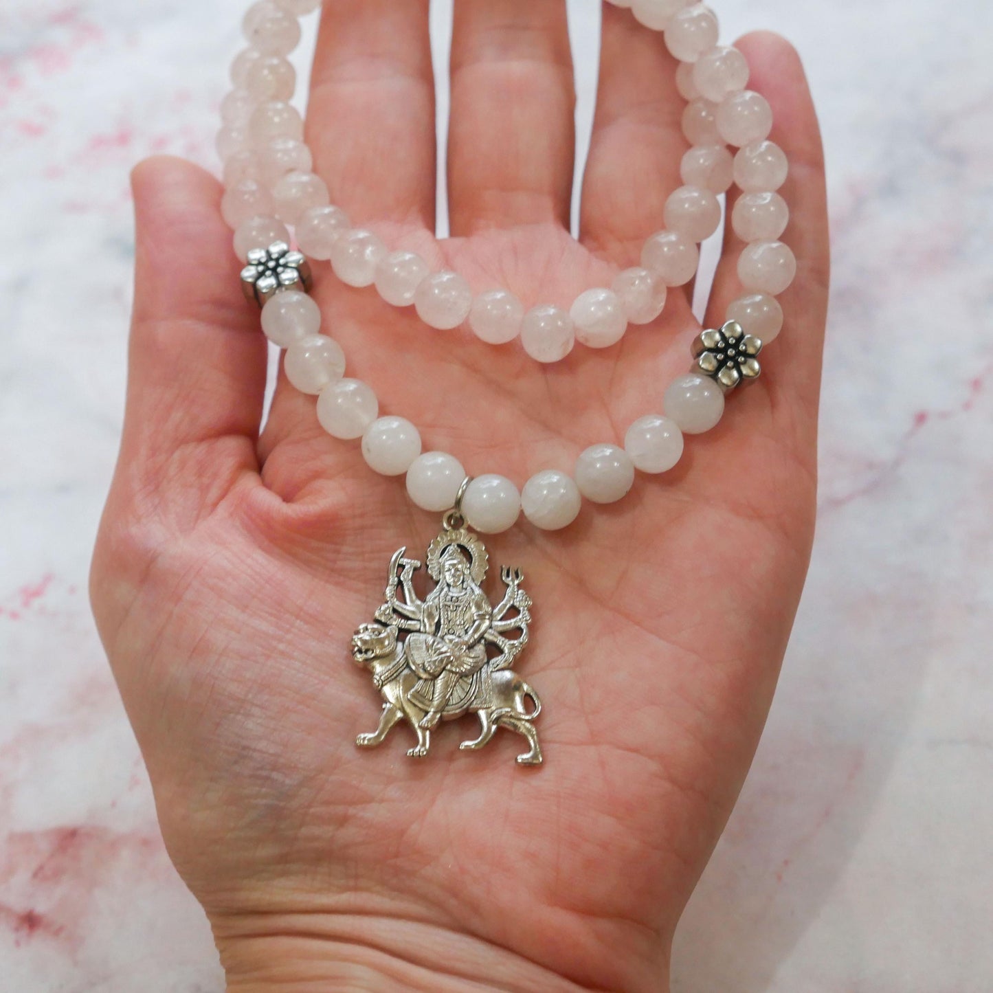 Handmade Goddess Durga Maa Stretch Necklace With Rose Quartz Moonstone Beads