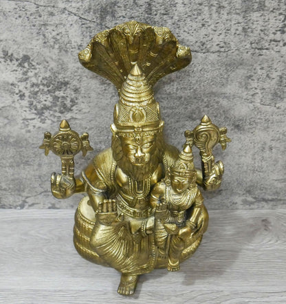 Vintage Brass Large Lord Narasimha Goddess Lakshmi Handmade Statue - 25 Lbs.