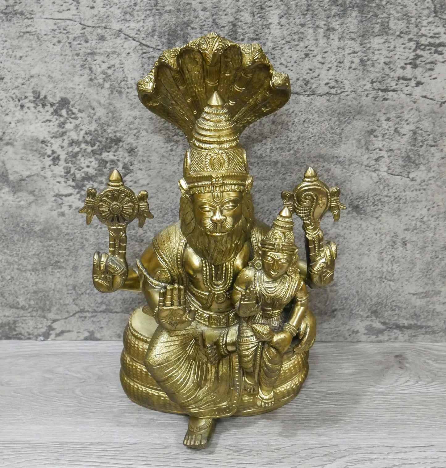 Vintage Brass Large Lord Narasimha Goddess Lakshmi Handmade Statue - 25 Lbs.