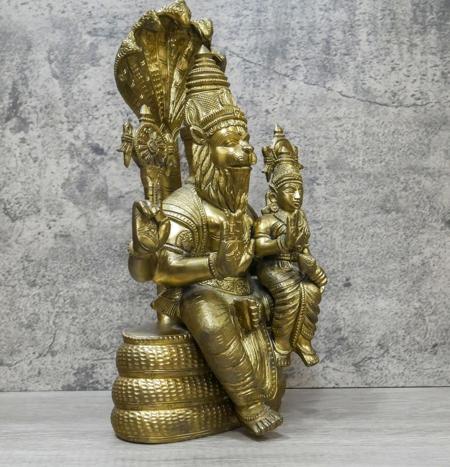 Vintage Brass Large Lord Narasimha Goddess Lakshmi Handmade Statue - 25 Lbs.