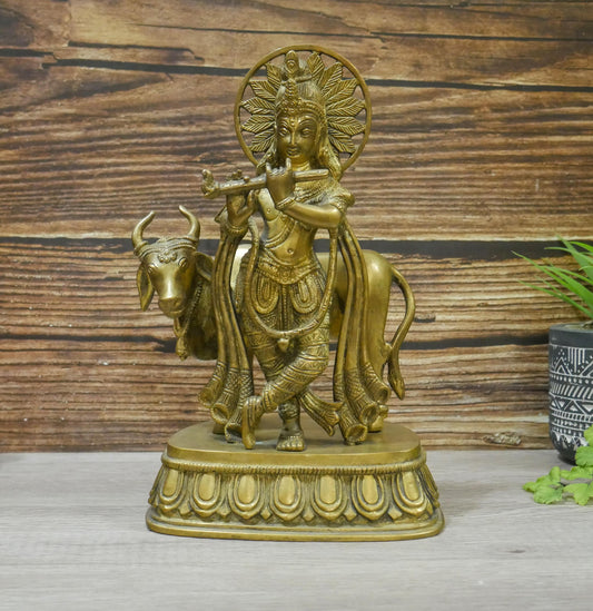 Vintage Krishna Statue | Vintage Brass Lord Krishna Playing Flute Deity Sculpture - 10.5" Tall