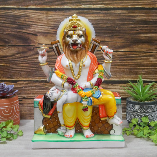 Vintage Large Heavy Makrana Marble Lord Narasimha - Hinduism Lion God Statue 14.75"