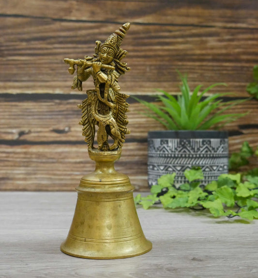 Vintage Handmade Lord Krishna Brass Bell - Hinduism Puja Fluting Krishna Bell