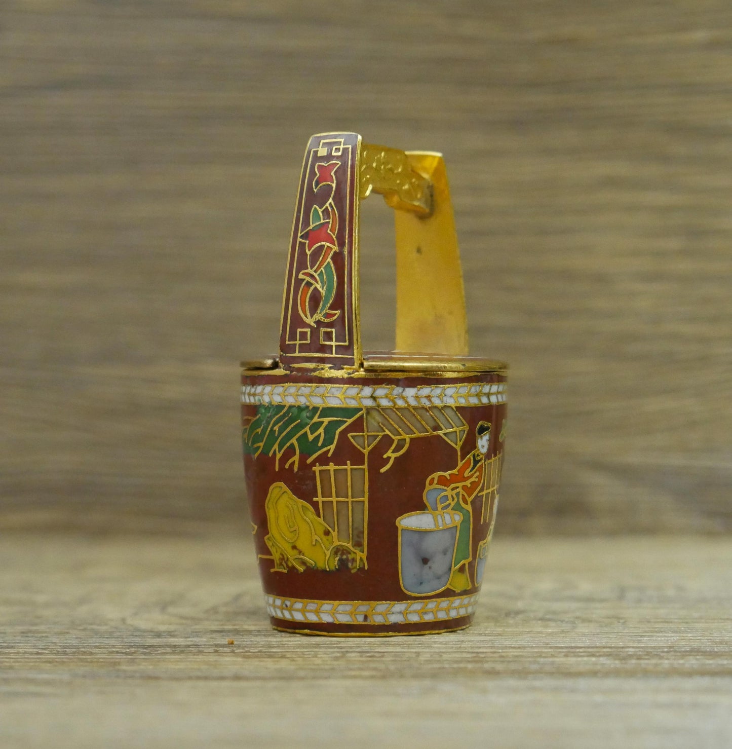 Vintage Miniature Chinese Cloisonne Water Bucket Collectible With Lid - 2.5" Tall