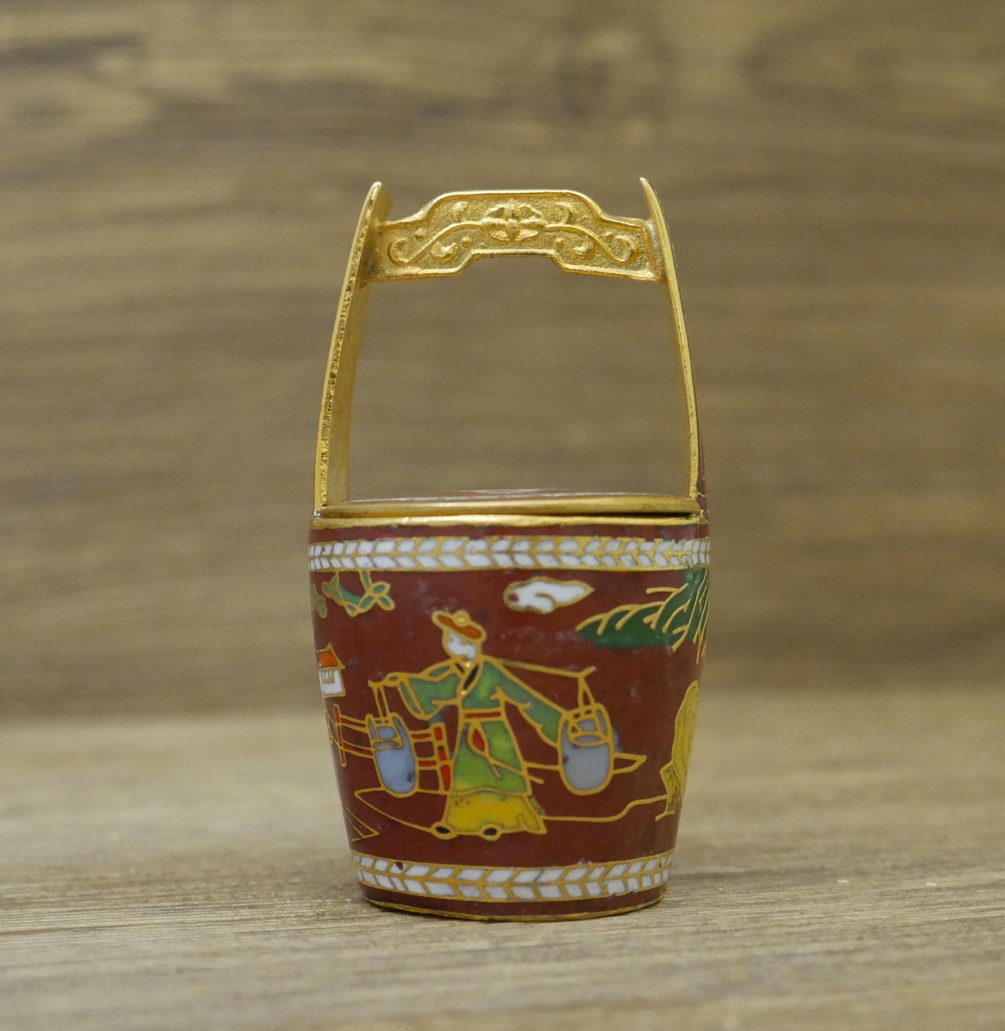 Vintage Miniature Chinese Cloisonne Water Bucket Collectible With Lid - 2.5" Tall