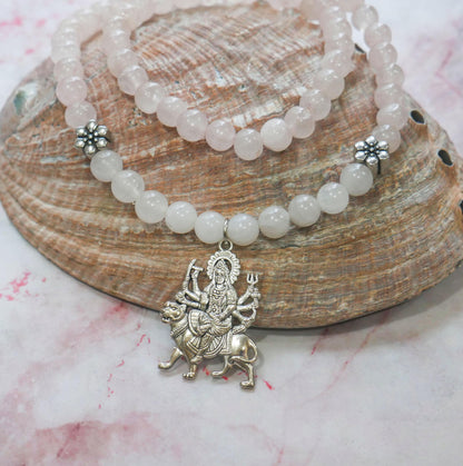 Handmade Goddess Durga Maa Stretch Necklace With Rose Quartz Moonstone Beads