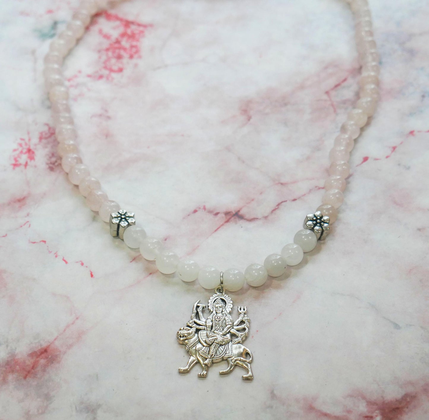 Handmade Goddess Durga Maa Stretch Necklace With Rose Quartz Moonstone Beads