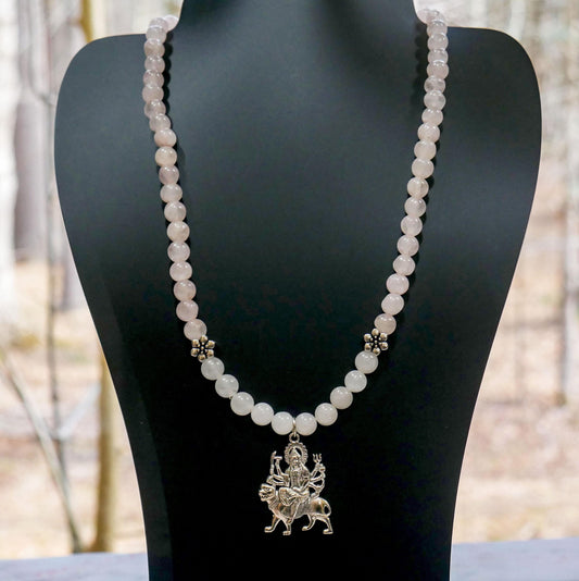 Handmade Goddess Durga Maa Stretch Necklace With Rose Quartz Moonstone Beads