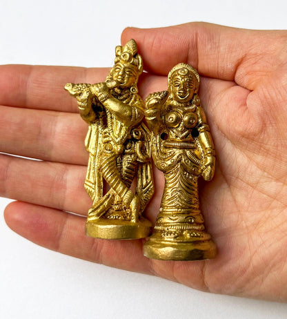 Vintage Miniature Brass Travel Krishna & Radha Statue Set – Hindu God Goddess