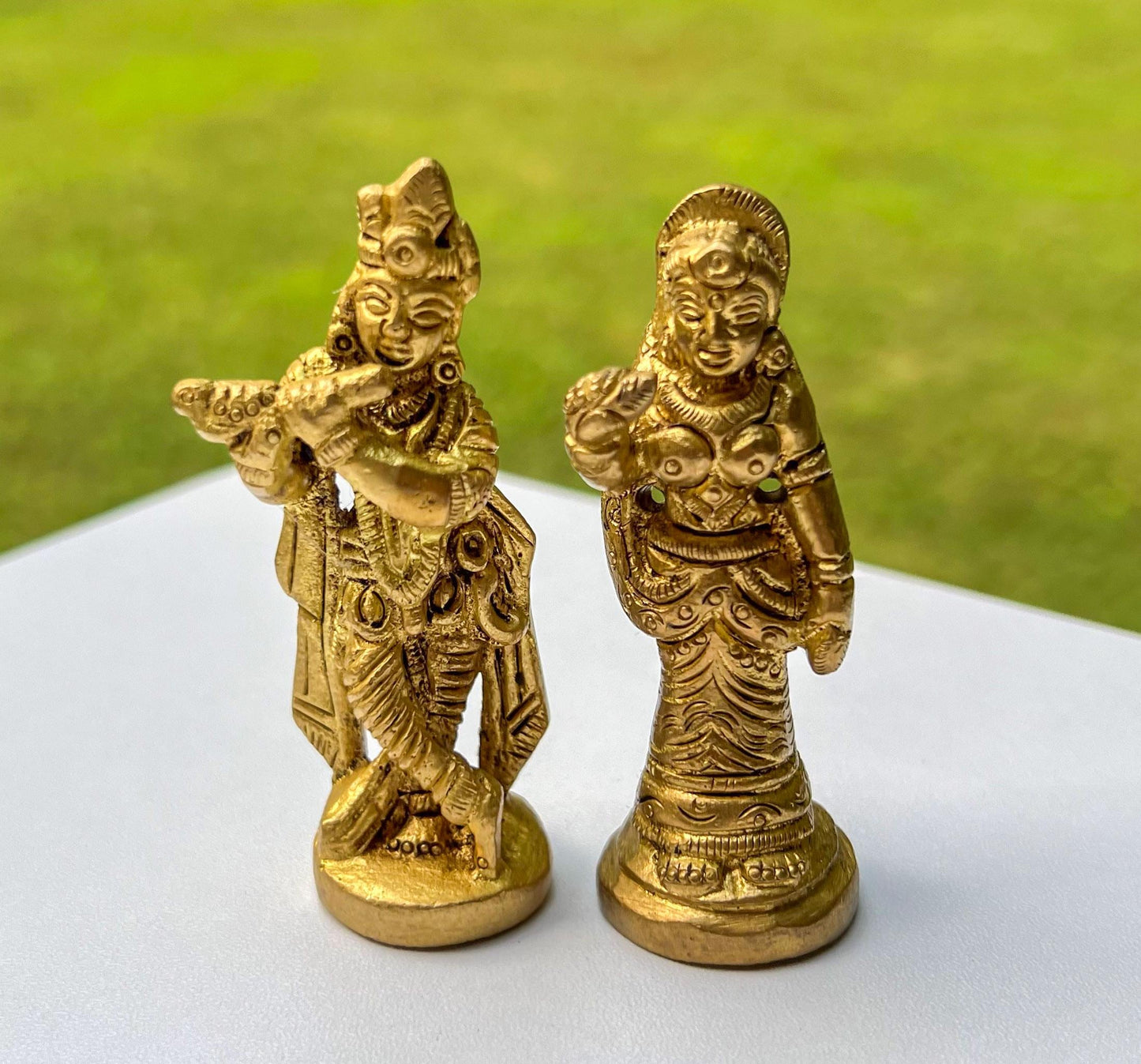 Vintage Miniature Brass Travel Krishna & Radha Statue Set – Hindu God Goddess