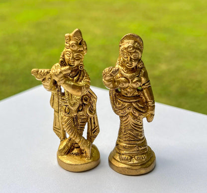 Vintage Miniature Brass Travel Krishna & Radha Statue Set – Hindu God Goddess