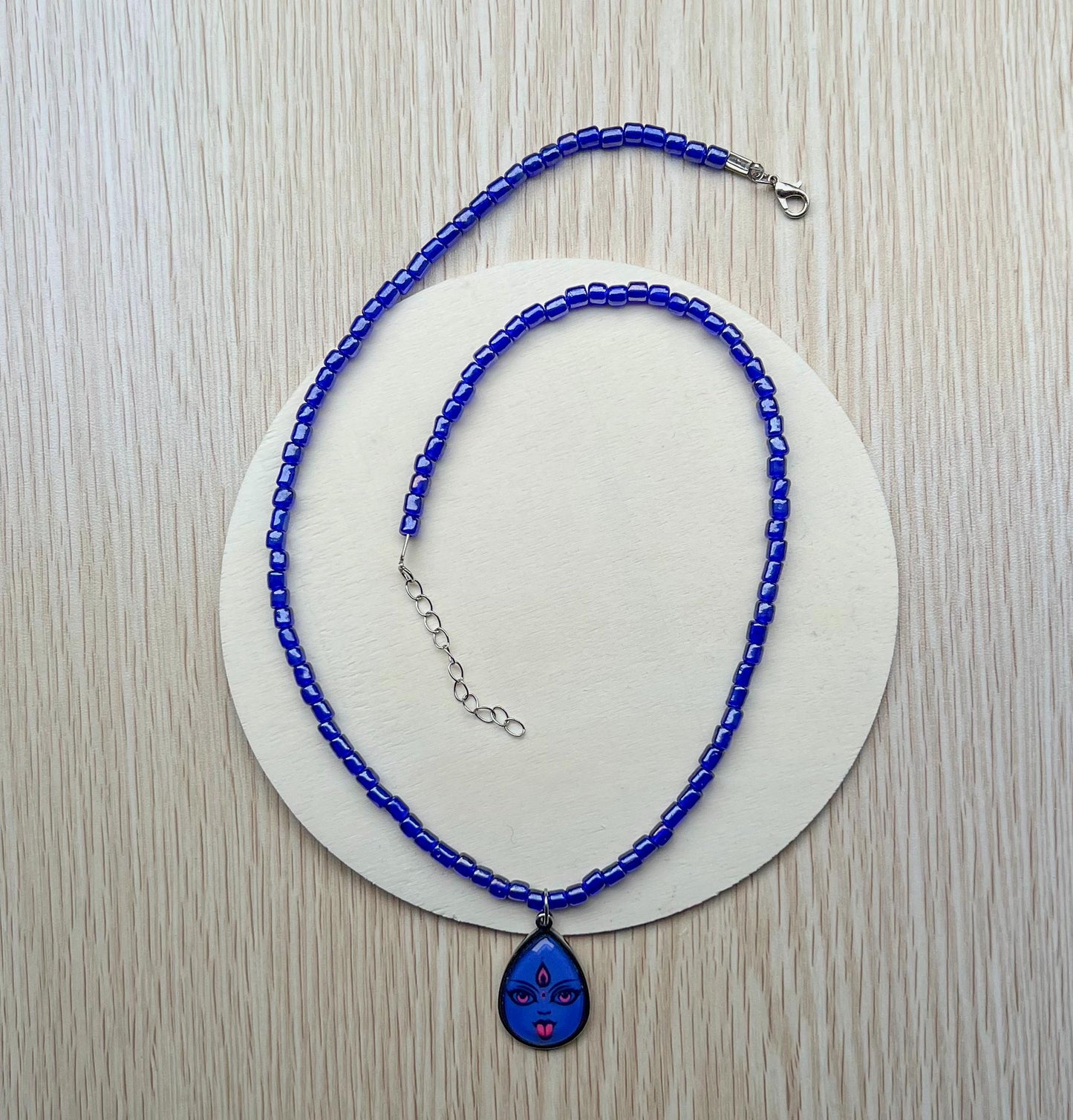 Blue Glass Bead Necklace with Goddess Kali Maa Pendant – Handmade Spiritual Jewelry - 21" Long