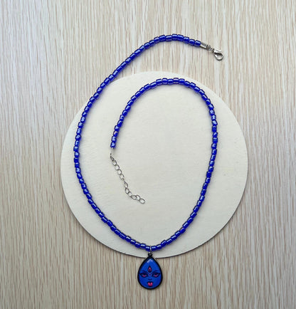 Blue Glass Bead Necklace with Goddess Kali Maa Pendant – Handmade Spiritual Jewelry - 21" Long