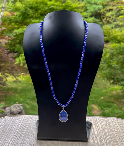 Blue Glass Bead Necklace with Goddess Kali Maa Pendant – Handmade Spiritual Jewelry - 21" Long