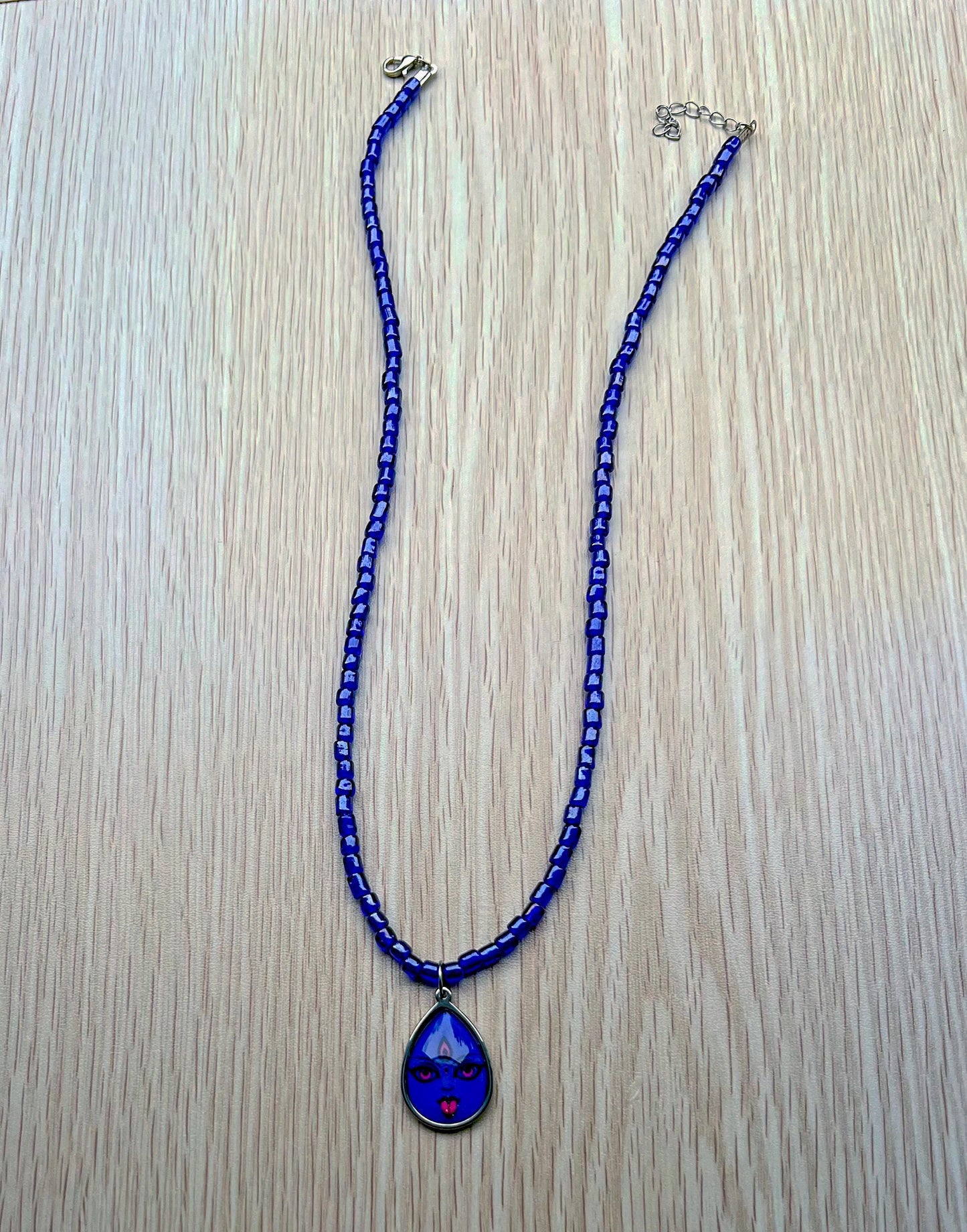 Blue Glass Bead Necklace with Goddess Kali Maa Pendant – Handmade Spiritual Jewelry - 21" Long