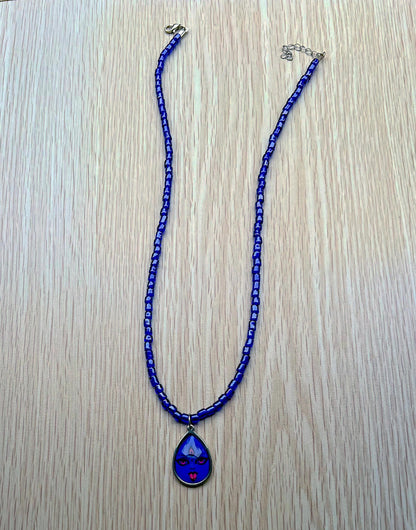 Blue Glass Bead Necklace with Goddess Kali Maa Pendant – Handmade Spiritual Jewelry - 21" Long