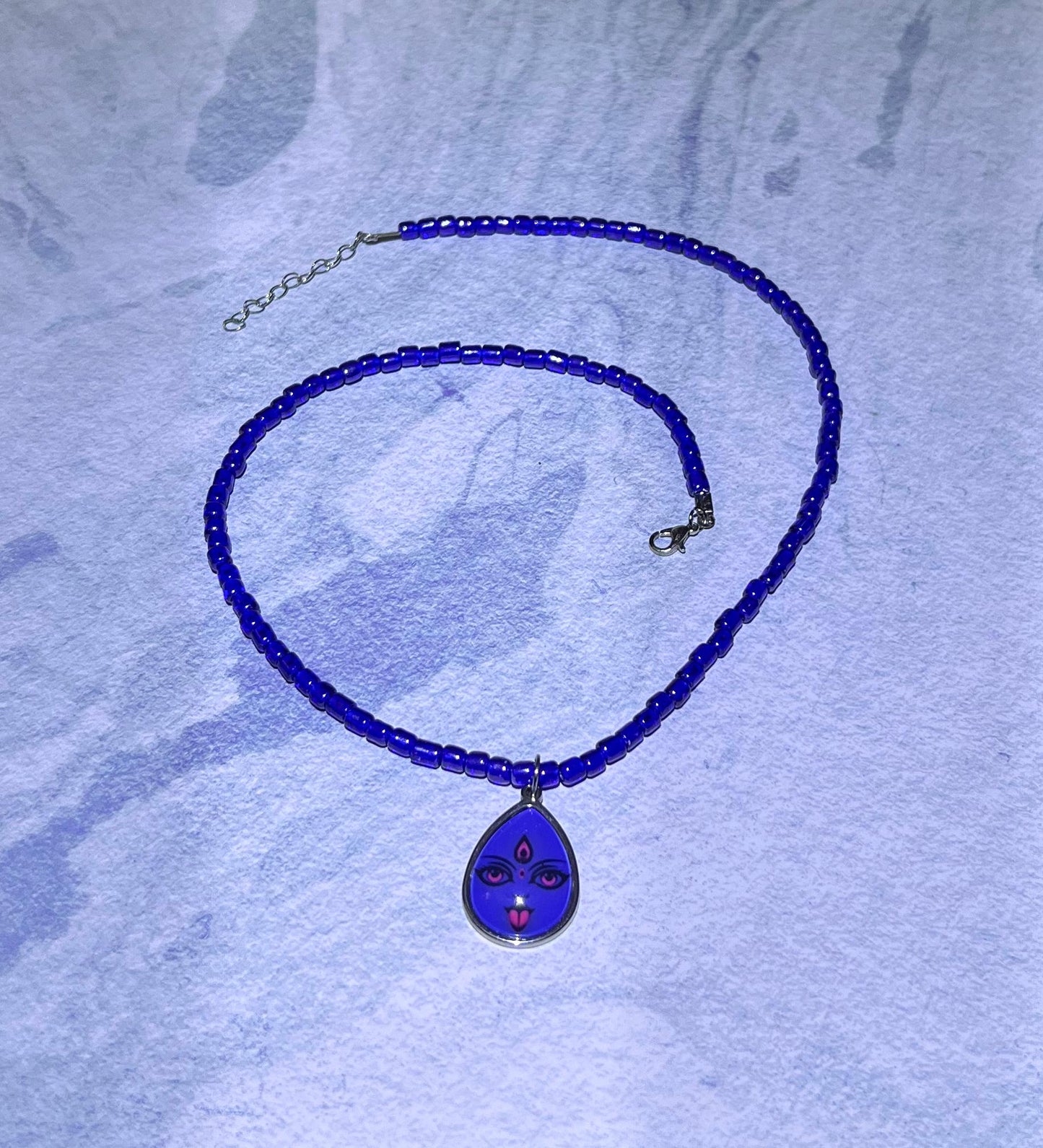 Blue Glass Bead Necklace with Goddess Kali Maa Pendant – Handmade Spiritual Jewelry - 21" Long