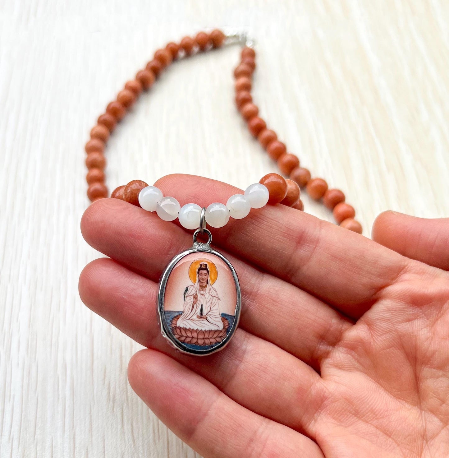 Guanyin Buddha Necklace Choker | Handmade Crystal Beads Jewelry Gift - 18" Long