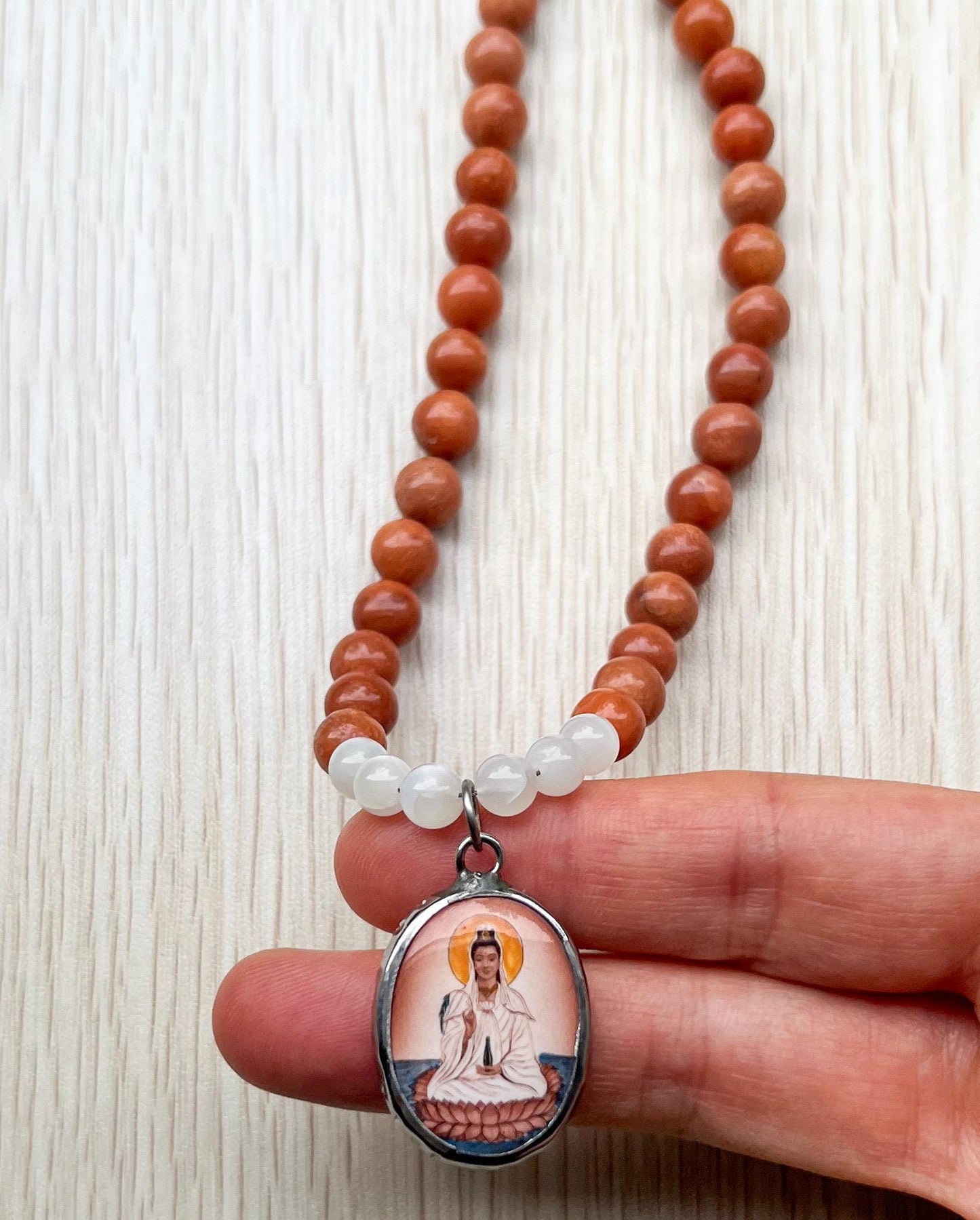 Guanyin Buddha Necklace Choker | Handmade Crystal Beads Jewelry Gift - 18" Long