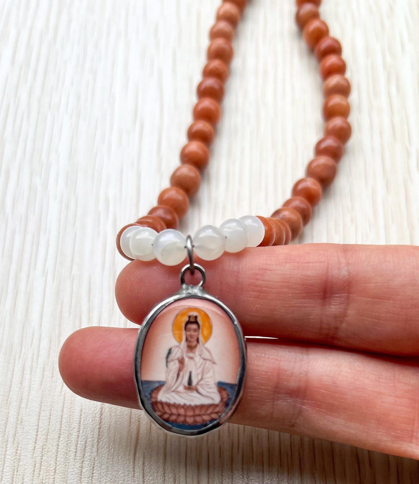 Guanyin Buddha Necklace Choker | Handmade Crystal Beads Jewelry Gift - 18" Long