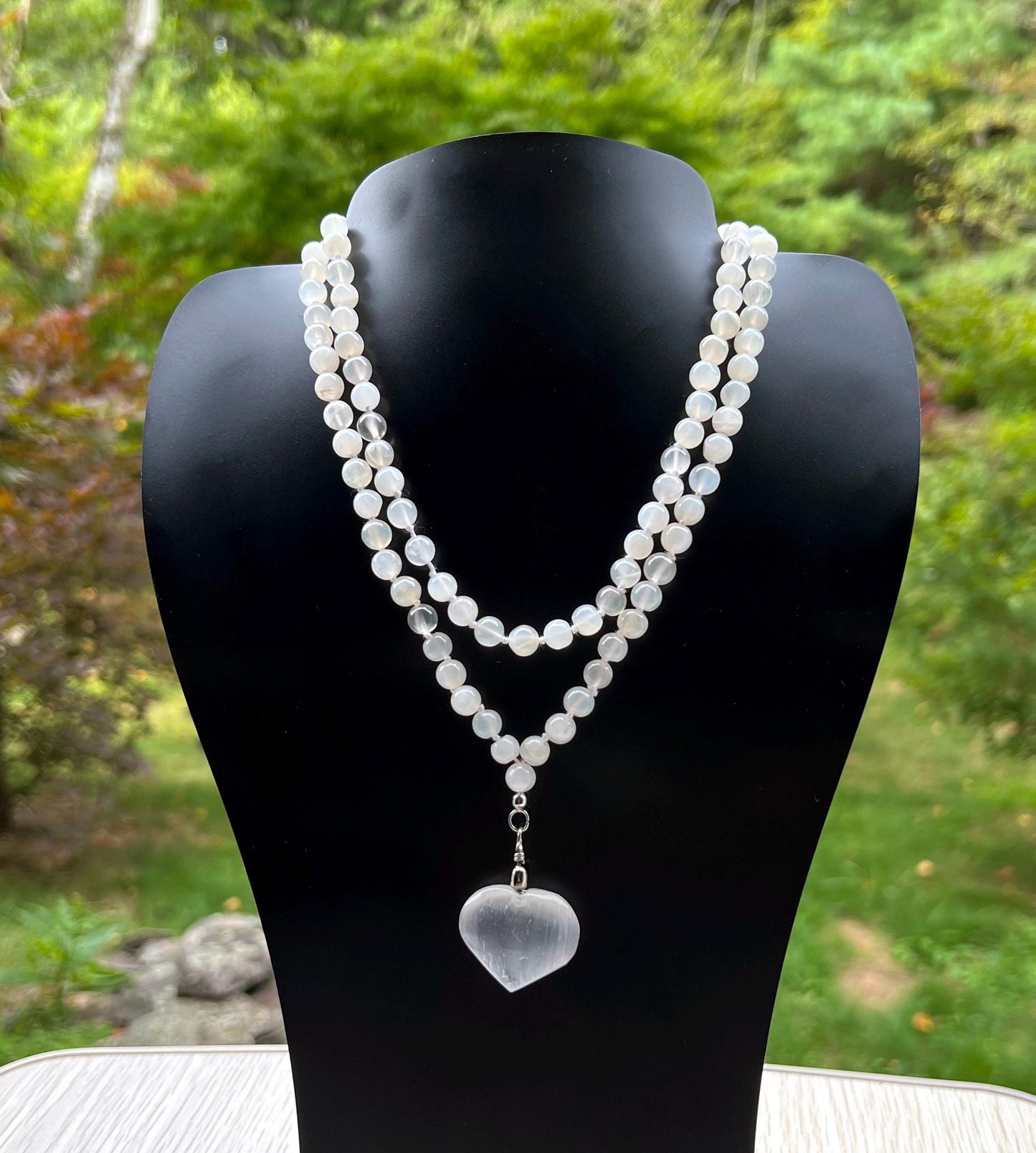 Moonstone Mala Necklace with Selenite Heart | Unique Healing Crystal Jewelry Gift