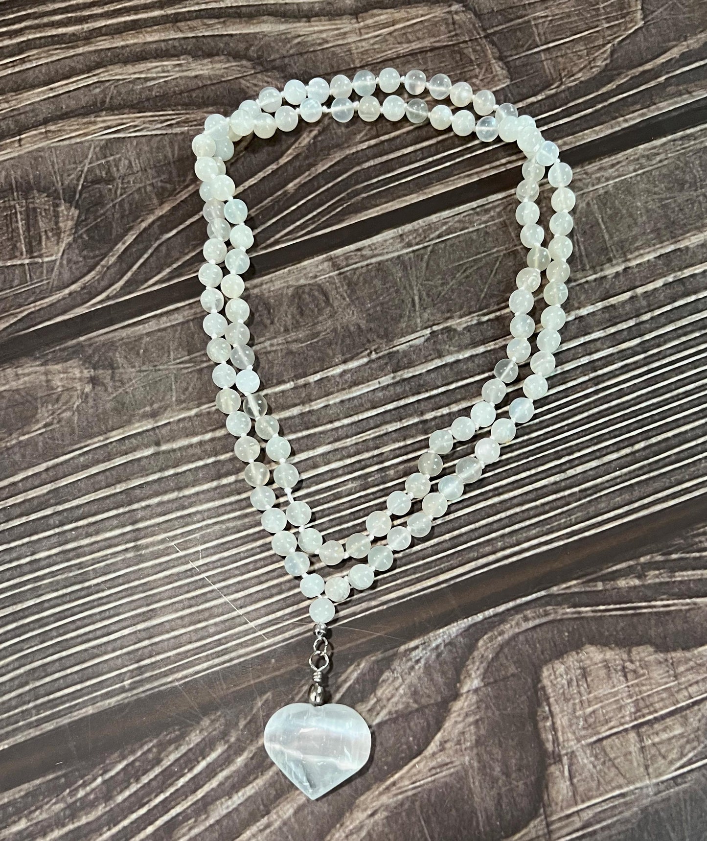 Moonstone Mala Necklace with Selenite Heart | Unique Healing Crystal Jewelry Gift