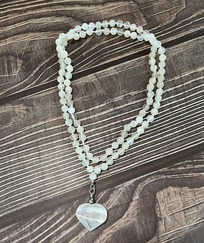 Moonstone Mala Necklace with Selenite Heart | Unique Healing Crystal Jewelry Gift