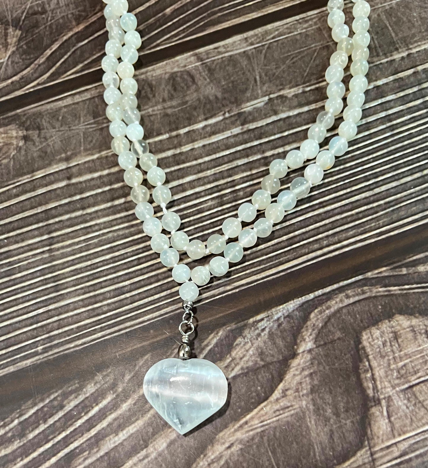 Moonstone Mala Necklace with Selenite Heart | Unique Healing Crystal Jewelry Gift