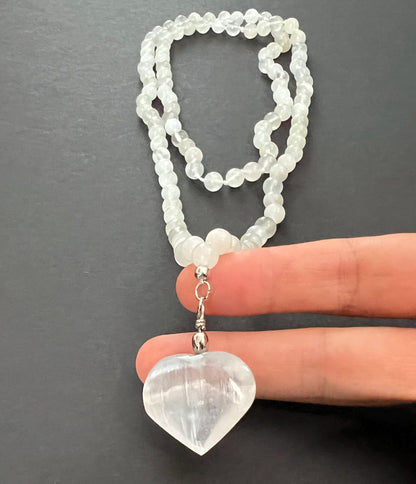Moonstone Mala Necklace with Selenite Heart | Unique Healing Crystal Jewelry Gift
