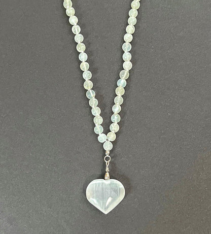 Moonstone Mala Necklace with Selenite Heart | Unique Healing Crystal Jewelry Gift