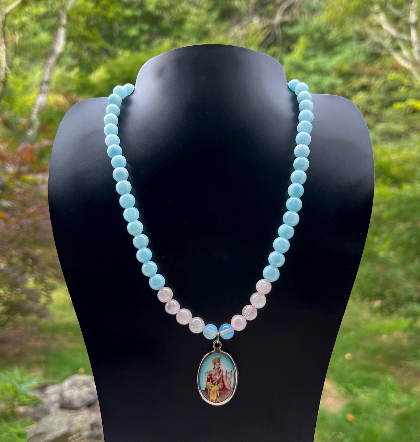 Krishna Rose Quartz Pendant Necklace | Handmade Gemstone Blessing Jewelry Gift - 18" Long