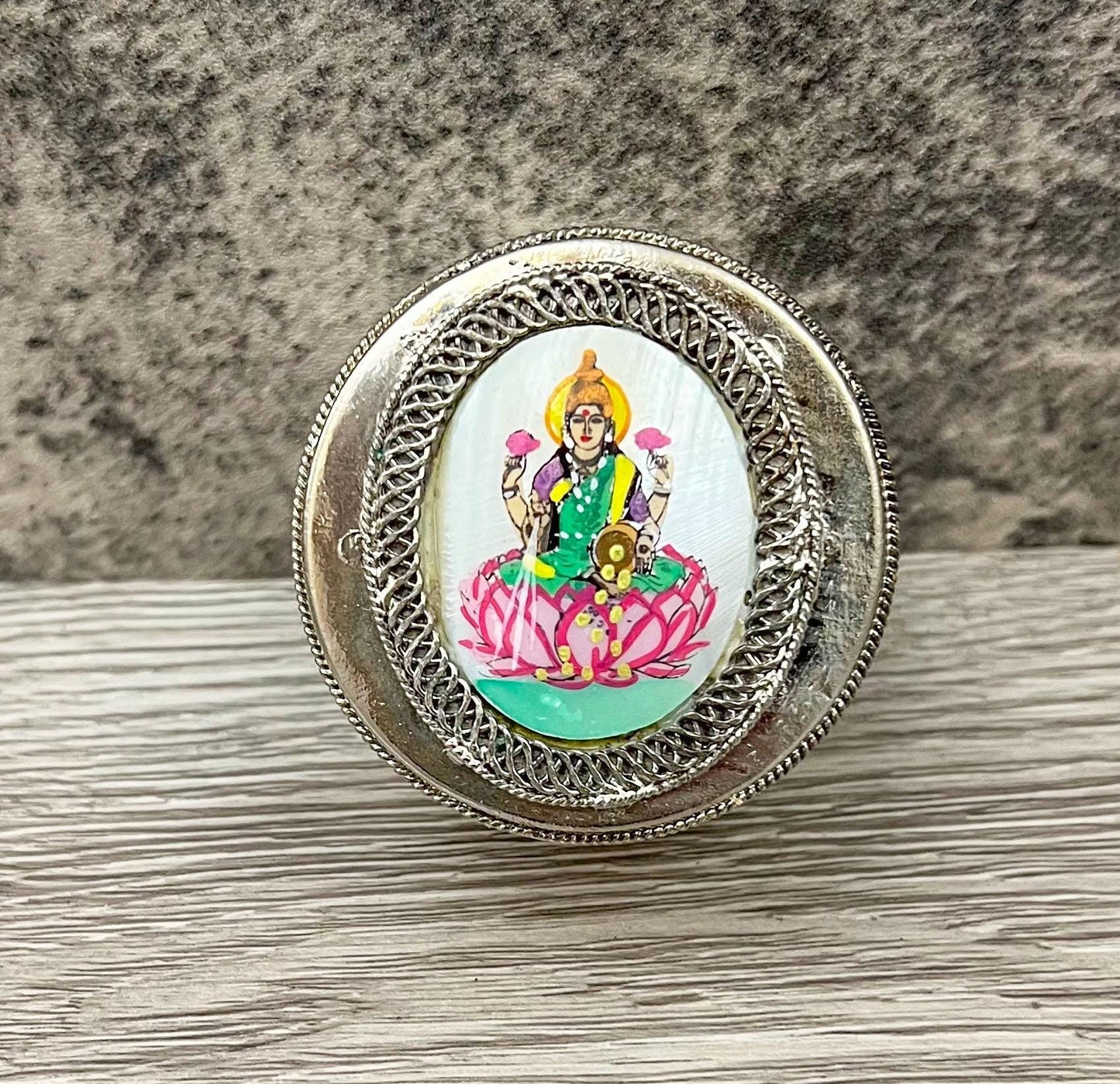 Vintage Silver Trinket Box with Lakshmi on Mother of Pearl, Jewelry or Keepsake Holder