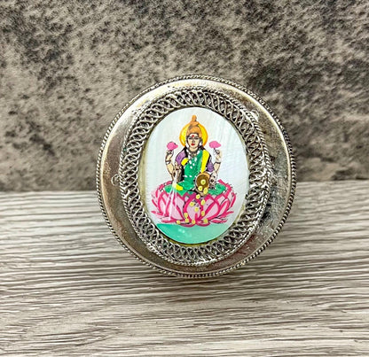 Vintage Silver Trinket Box with Lakshmi on Mother of Pearl, Jewelry or Keepsake Holder
