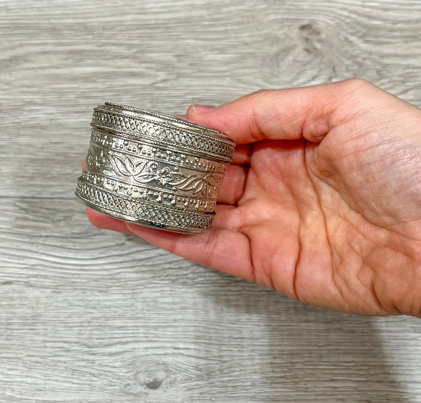 Vintage Silver Trinket Box with Lakshmi on Mother of Pearl, Jewelry or Keepsake Holder