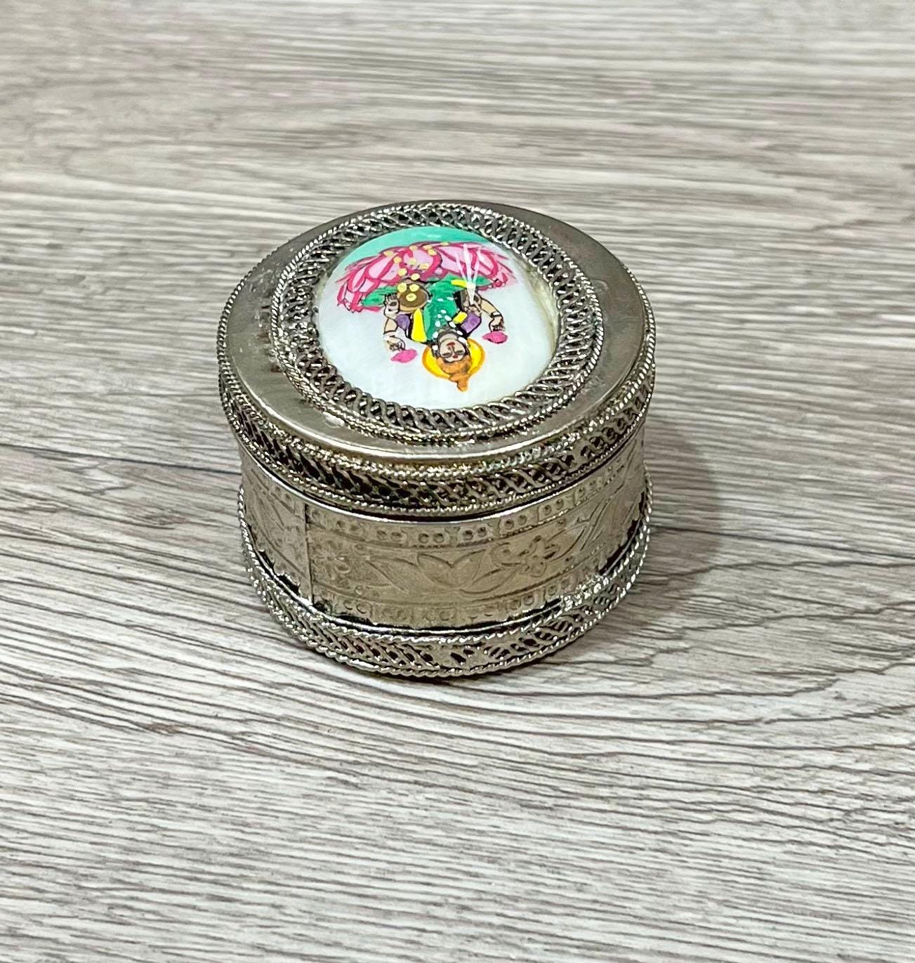 Vintage Silver Trinket Box with Lakshmi on Mother of Pearl, Jewelry or Keepsake Holder