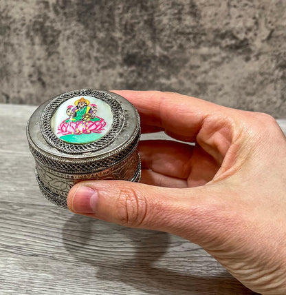 Vintage Silver Trinket Box with Lakshmi on Mother of Pearl, Jewelry or Keepsake Holder