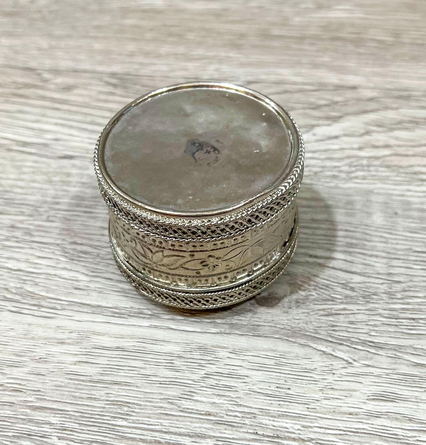 Vintage Silver Trinket Box with Lakshmi on Mother of Pearl, Jewelry or Keepsake Holder