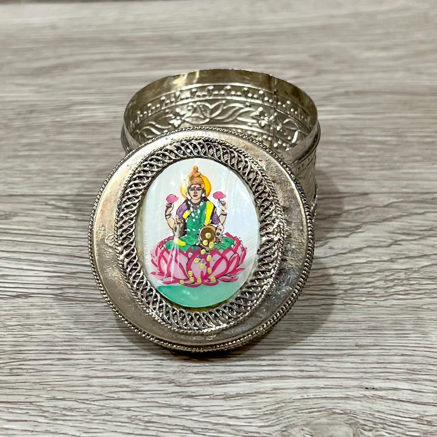 Vintage Silver Trinket Box with Lakshmi on Mother of Pearl, Jewelry or Keepsake Holder