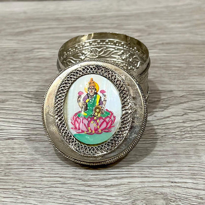 Vintage Silver Trinket Box with Lakshmi on Mother of Pearl, Jewelry or Keepsake Holder