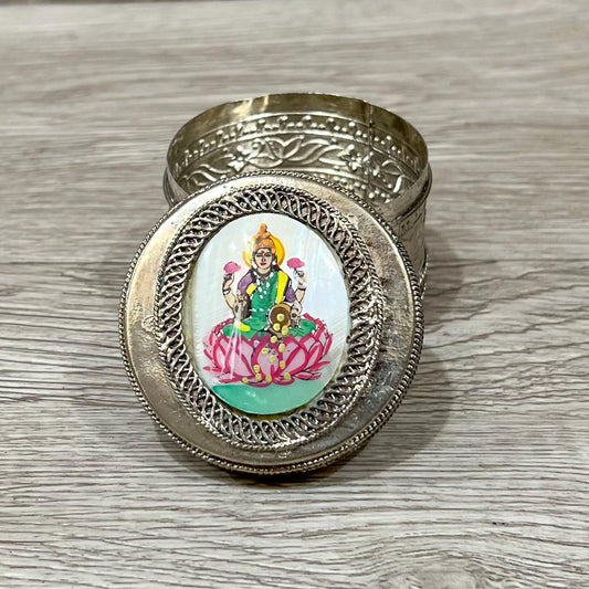 Vintage Silver Trinket Box with Lakshmi on Mother of Pearl, Jewelry or Keepsake Holder