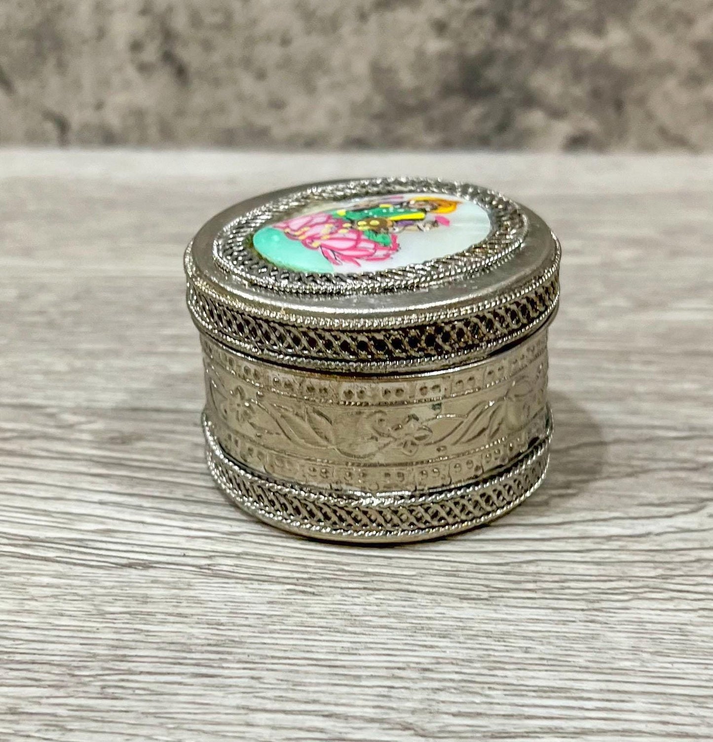 Vintage Silver Trinket Box with Lakshmi on Mother of Pearl, Jewelry or Keepsake Holder