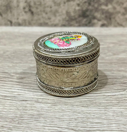 Vintage Silver Trinket Box with Lakshmi on Mother of Pearl, Jewelry or Keepsake Holder