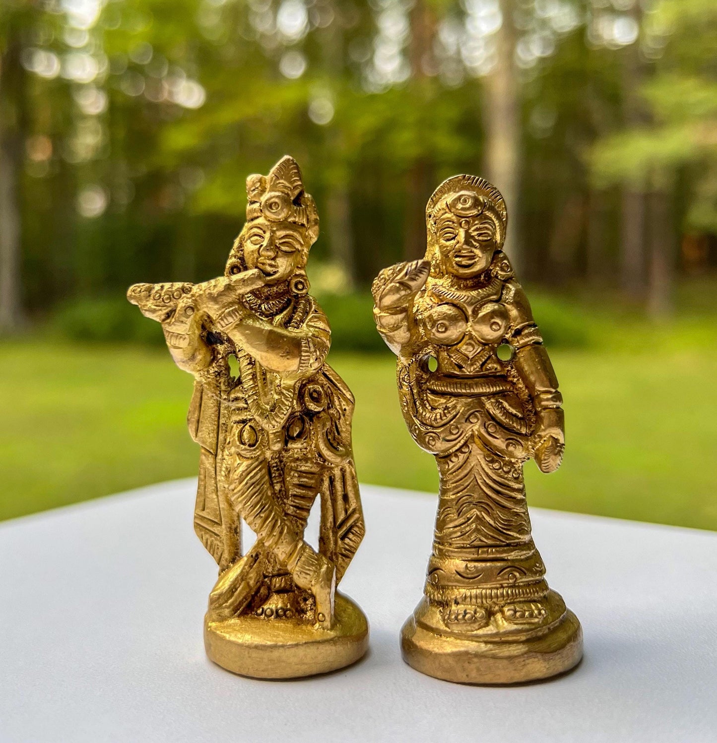 Vintage Miniature Brass Travel Krishna & Radha Statue Set – Hindu God Goddess