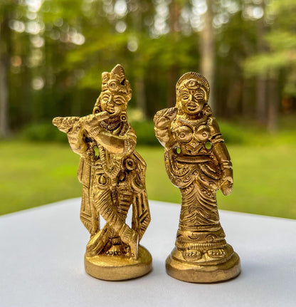 Vintage Miniature Brass Travel Krishna & Radha Statue Set – Hindu God Goddess