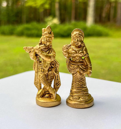 Vintage Miniature Brass Travel Krishna & Radha Statue Set – Hindu God Goddess