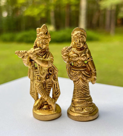 Vintage Miniature Brass Travel Krishna & Radha Statue Set – Hindu God Goddess