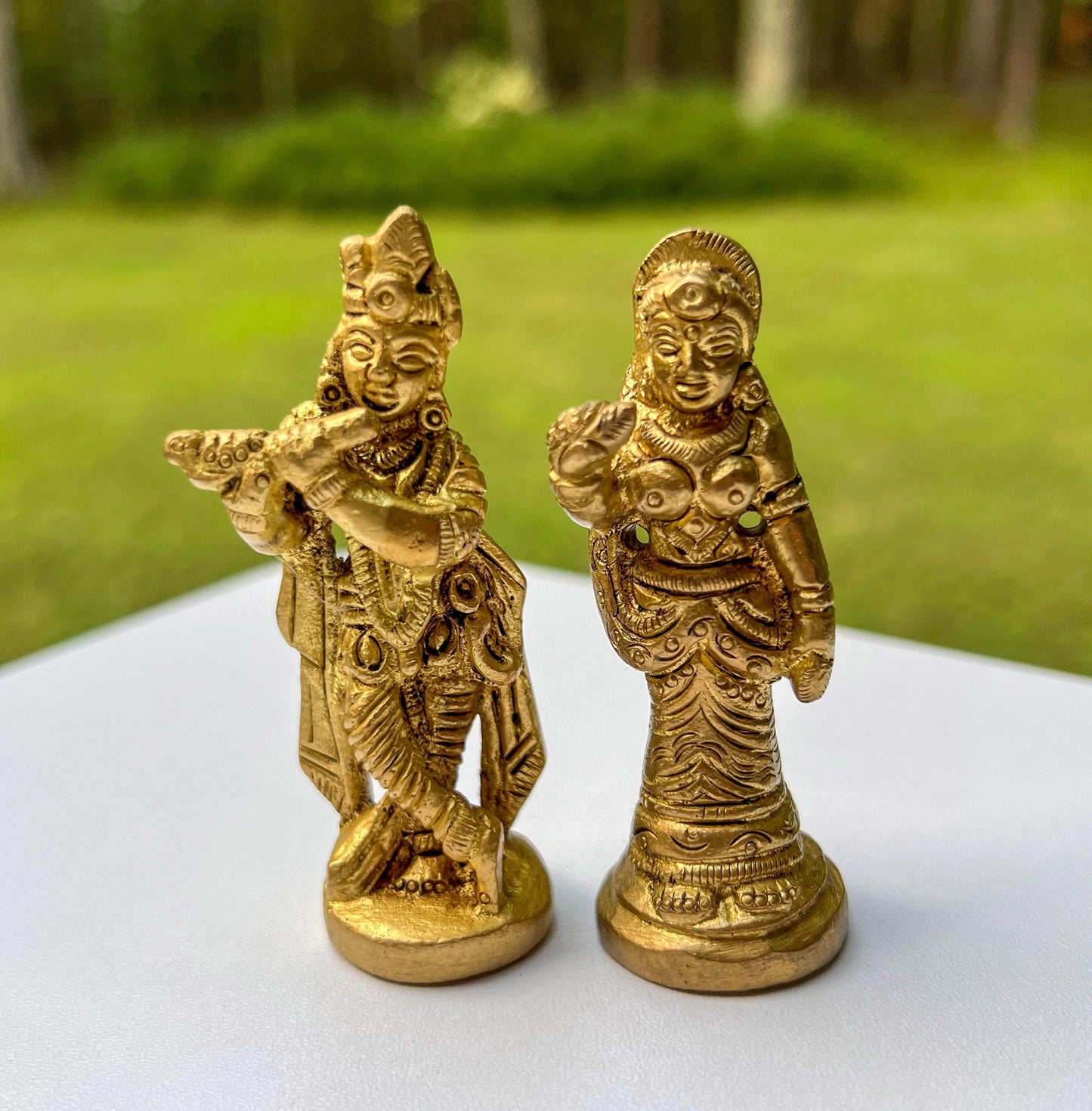 Vintage Miniature Brass Travel Krishna & Radha Statue Set – Hindu God Goddess